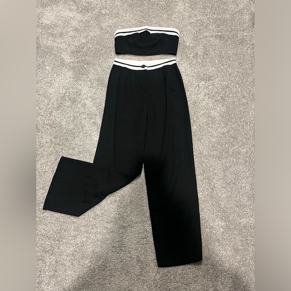 Contrast Trim Tube Top & Wide Leg Pants Set Black and White New Size Small - Picture 5 of 6